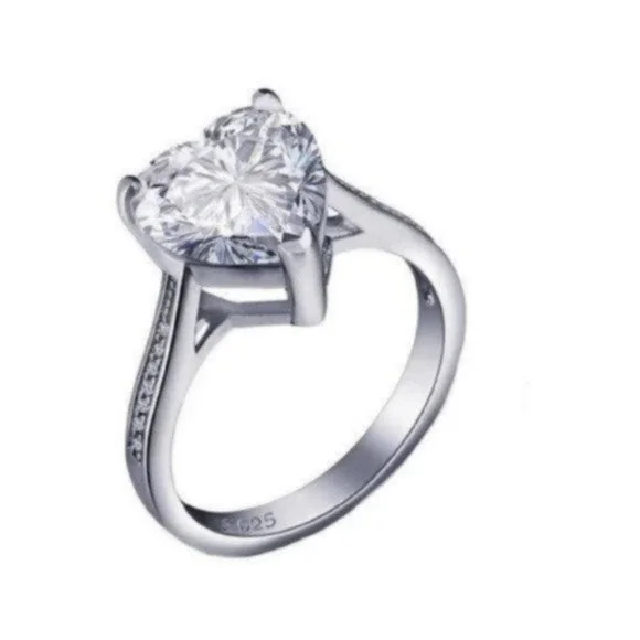 4 Carat Diamond Sterling Silver Heart Solitaire Ring Size 5 - Picture 3 of 7
